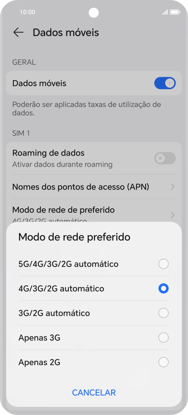 Prima o tipo de rede pretendido.