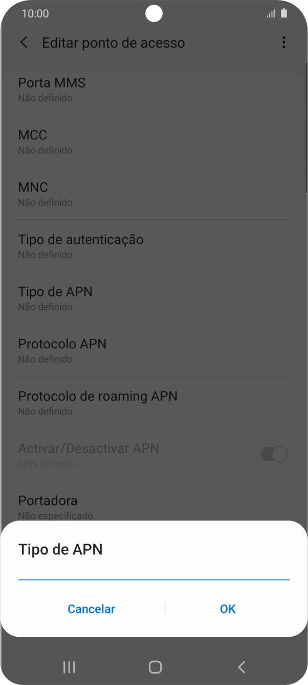Introduza default e prima OK.