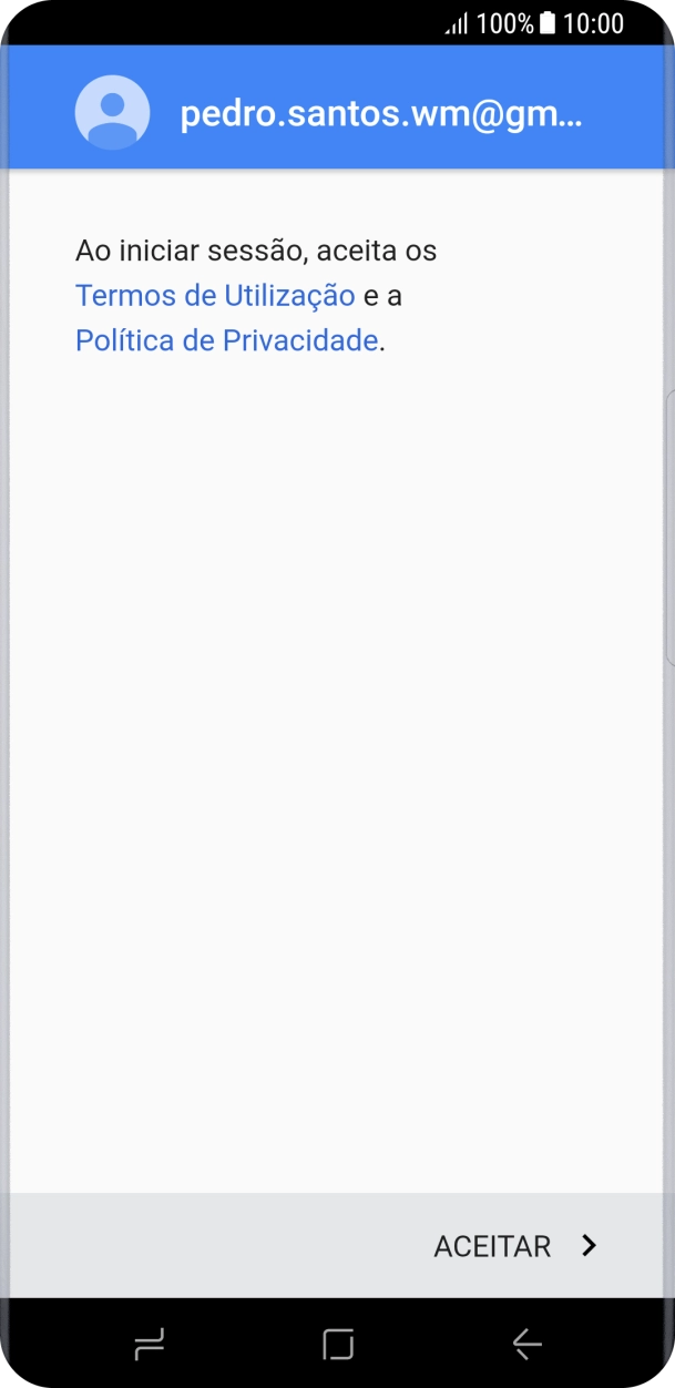 Prima ACEITAR e siga as indicações no ecrã para escolher as definições da conta Google.