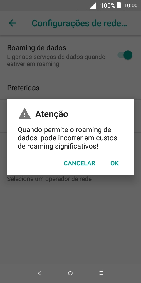Para ativar o roaming de dados, prima OK.