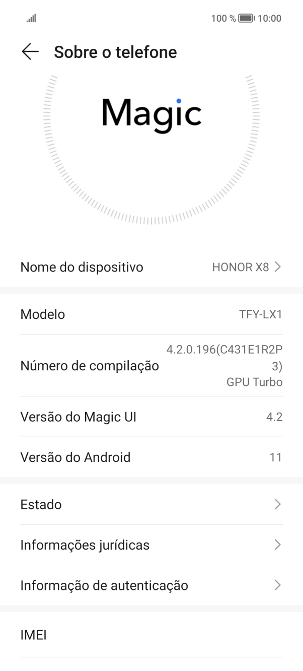 O código IMEI é mostrado no ecrã.