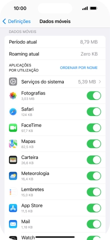 Prima o indicador junto das aplicações pretendidas para ativar ou desativar a função.