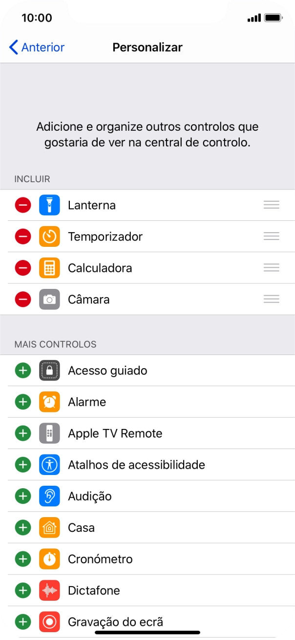 Prima o ícone para apagar junto da função pretendida para a remover da Central de controlo.