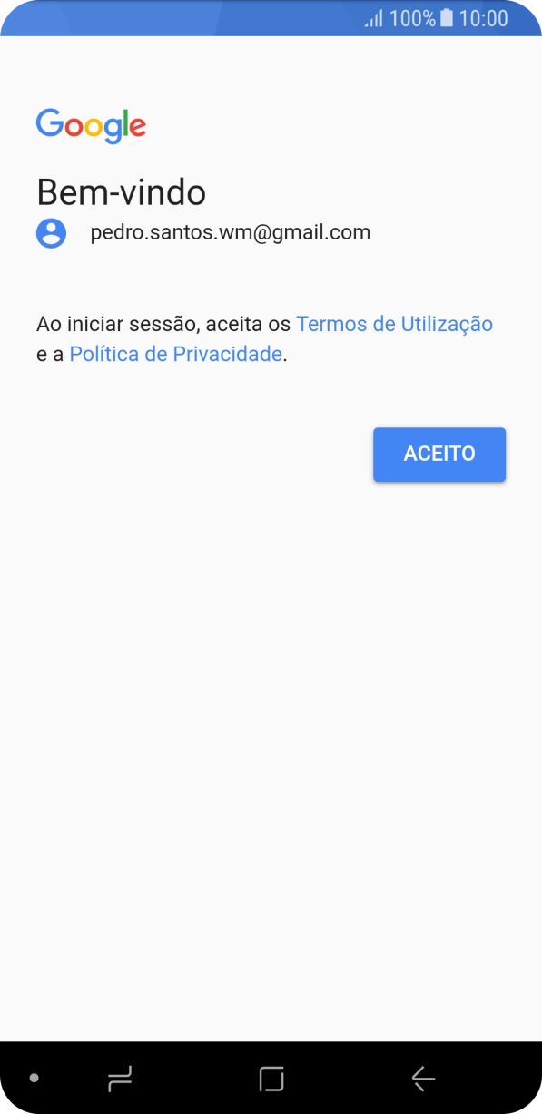 Prima ACEITO e siga as indicações no ecrã para escolher as definições da conta Google.