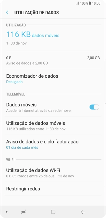 O consumo total de dados é agora mostrado no ecrã.