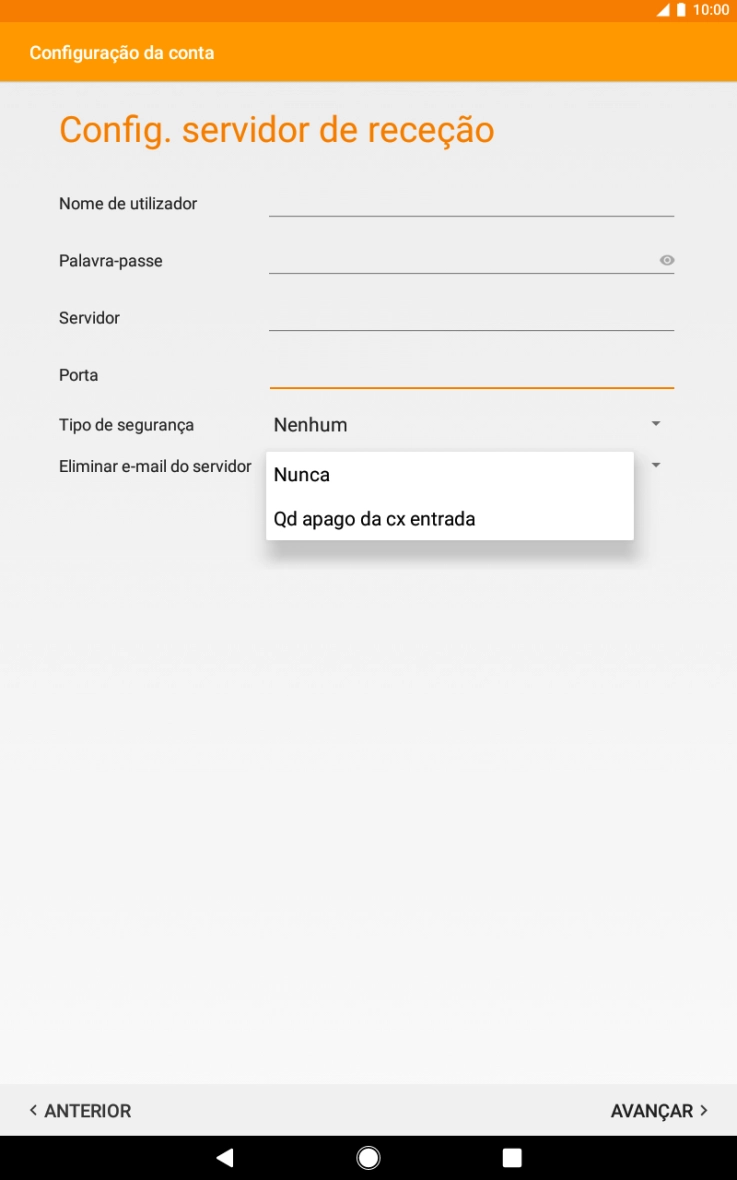 Prima Nunca para manter os e-mails no servidor quando estes são apagados no tablet.