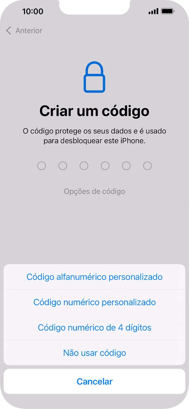 Siga as indicações no ecrã para ativar a utilização do código de bloqueio do telefone ou prima Não usar código.