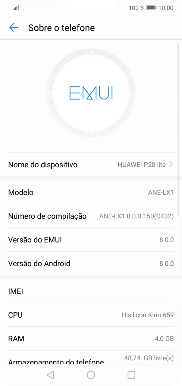 O código IMEI é mostrado no ecrã.