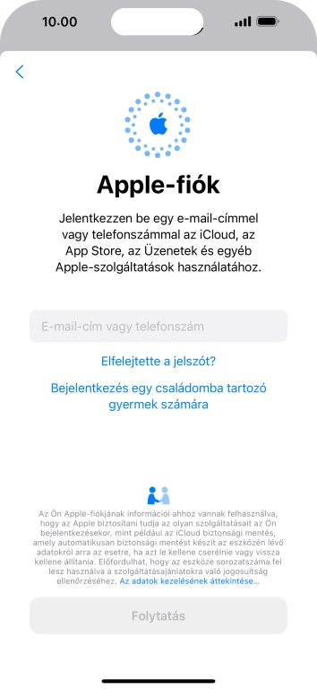 Válaszd az E-mail-cím vagy telefonszám lehetőséget, és írd be a az Apple ID-dhoz tartozó felhasználónevet.