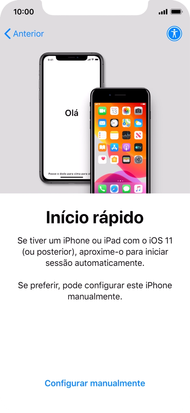 Siga as indicações no ecrã para transferir conteúdo de outro dispositivo com iOS11 ou mais recente, ou prima Configurar manualmente.
