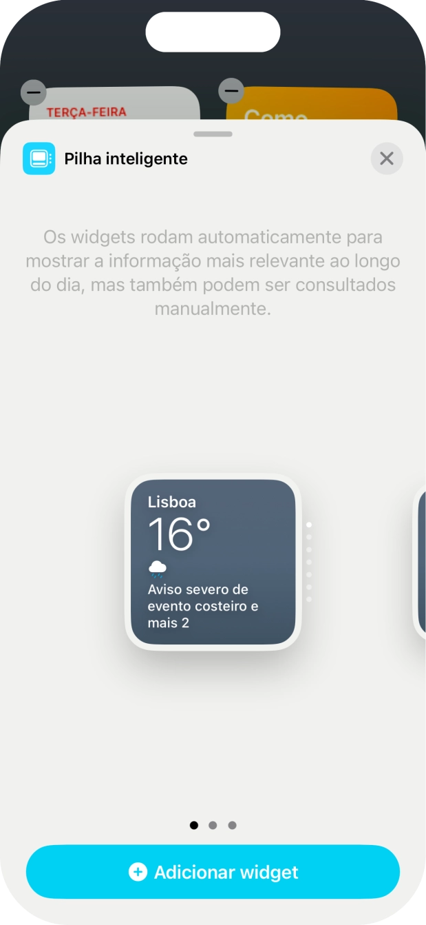 Para escolher a dimensão pretendida para o widget, deslize o dedo para a direita ou para a esquerda sobre o ecrã.