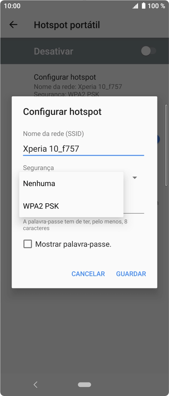 Prima WPA2 PSK para proteger o hotspot Wi-Fi com uma password.