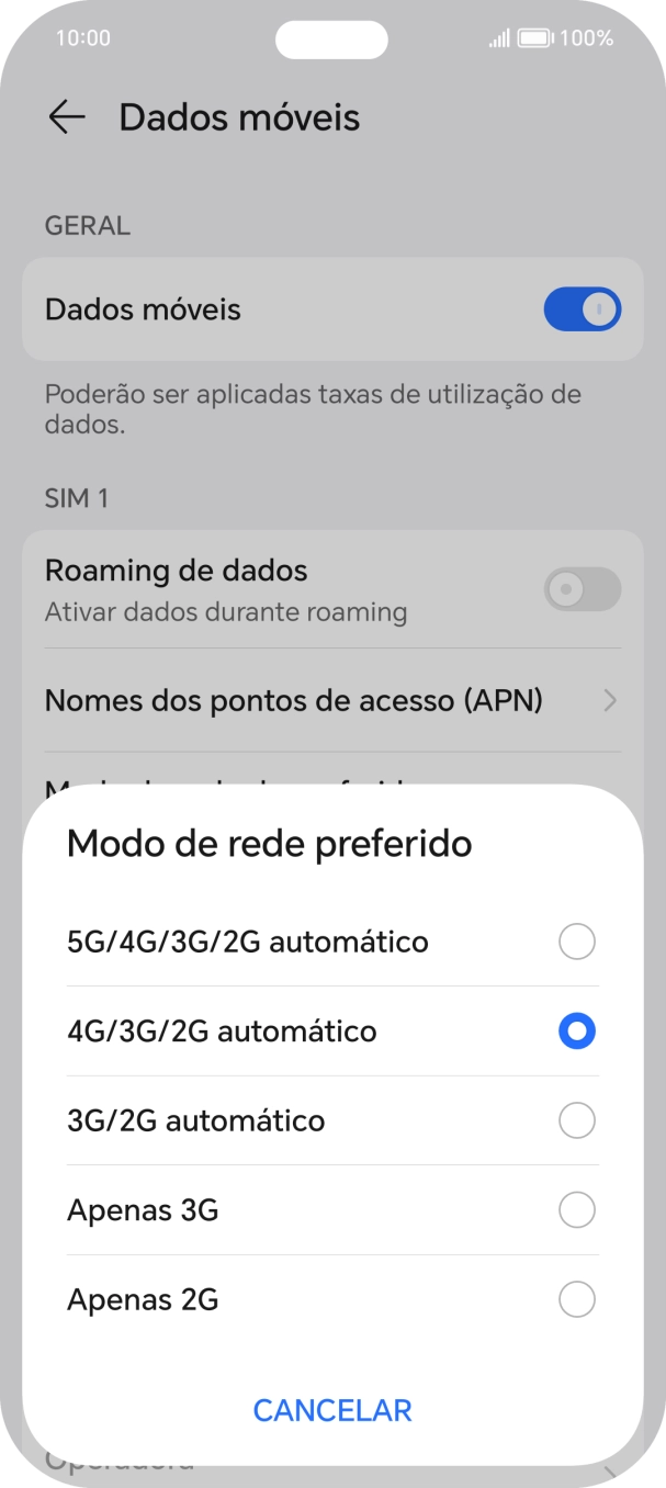 Prima o tipo de rede pretendido.
