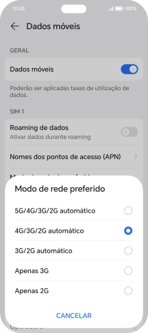 Prima o tipo de rede pretendido.