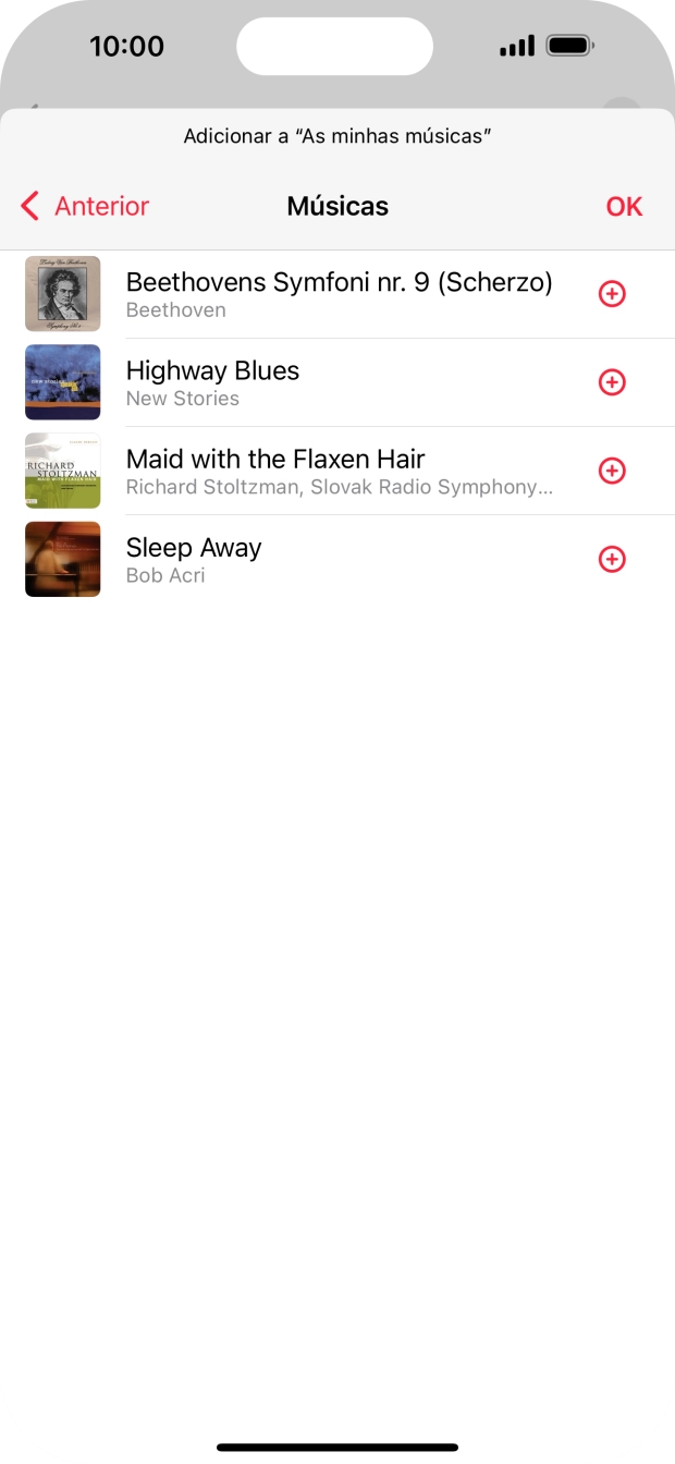 Vá até à categoria pretendida e prima o ícone para adicionar junto do ficheiro de música pretendido.