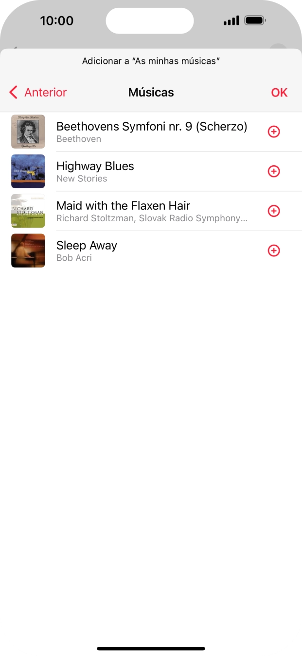 Vá até à categoria pretendida e prima o ícone para adicionar junto do ficheiro de música pretendido.
