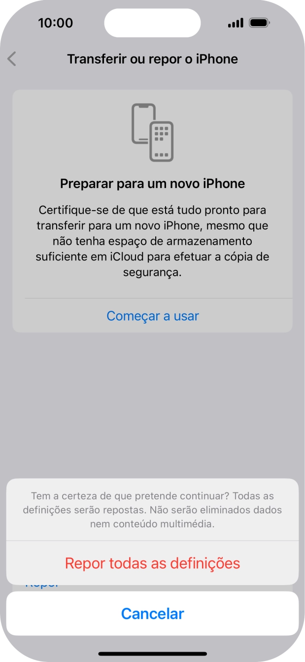 Prima Repor todas as definições. Aguarde um momento enquanto o telefone restabelece as definições originais. Siga as indicações no ecrã para configurar o telefone de modo que este fique pronto a ser utilizado.
