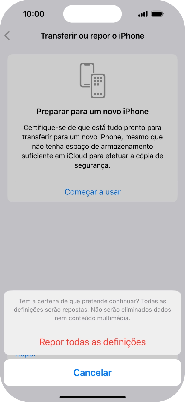 Prima Repor todas as definições. Aguarde um momento enquanto o telefone restabelece as definições originais. Siga as indicações no ecrã para configurar o telefone de modo que este fique pronto a ser utilizado.