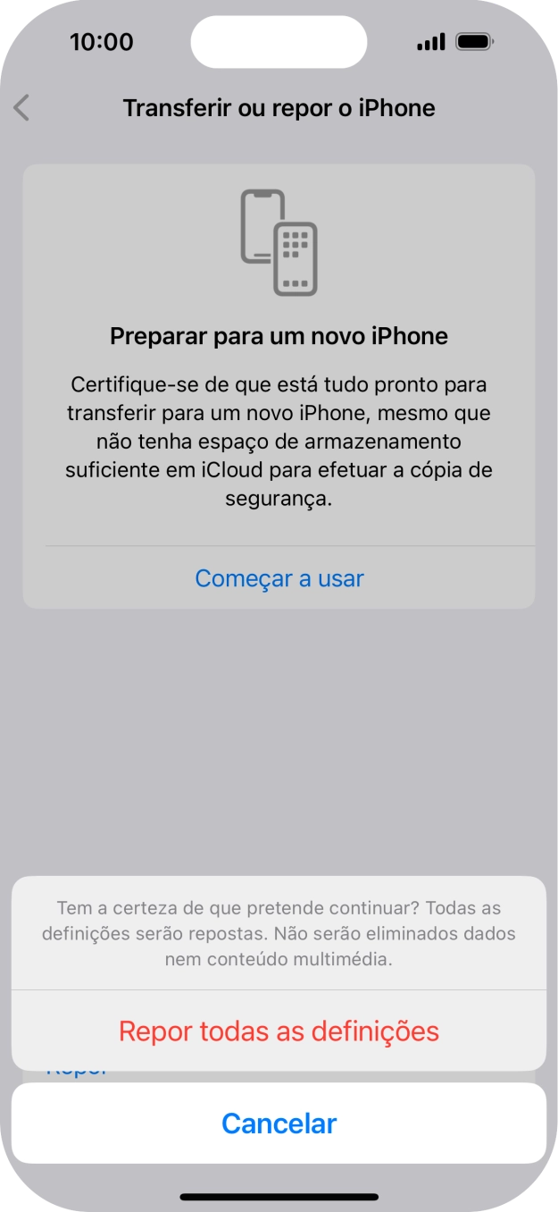 Prima Repor todas as definições. Aguarde um momento enquanto o telefone restabelece as definições originais. Siga as indicações no ecrã para configurar o telefone de modo que este fique pronto a ser utilizado.