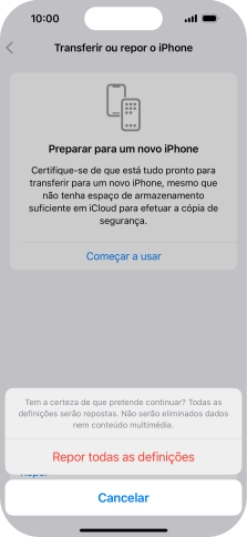 Prima Repor todas as definições. Aguarde um momento enquanto o telefone restabelece as definições originais. Siga as indicações no ecrã para configurar o telefone de modo que este fique pronto a ser utilizado.