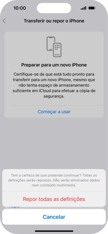 Prima Repor todas as definições. Aguarde um momento enquanto o telefone restabelece as definições originais. Siga as indicações no ecrã para configurar o telefone de modo que este fique pronto a ser utilizado.