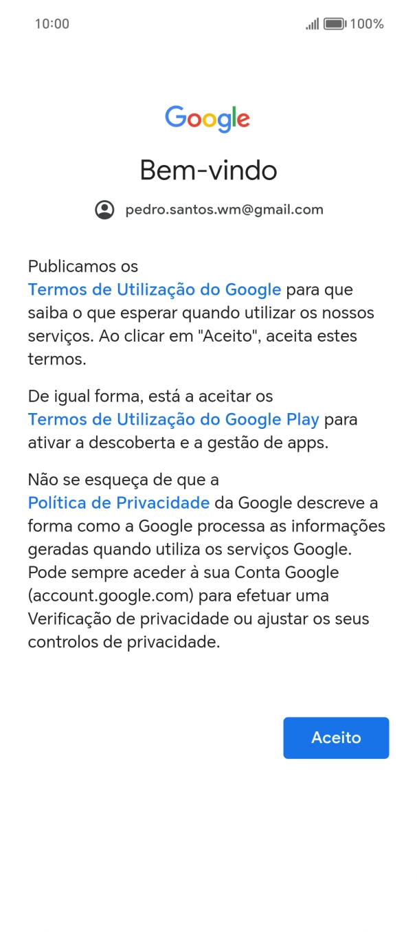Prima Aceito e siga as indicações no ecrã para escolher as definições da conta Google.