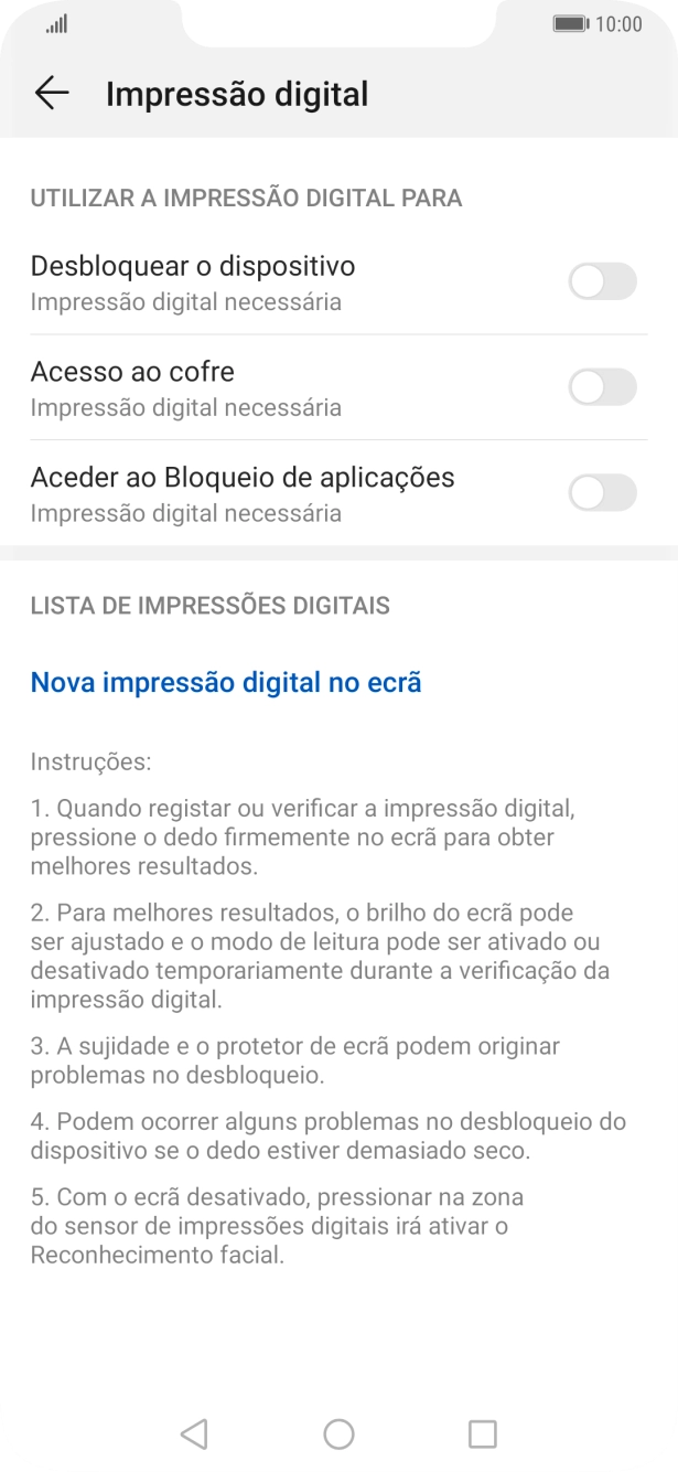 Prima Nova impressão digital no ecrã.