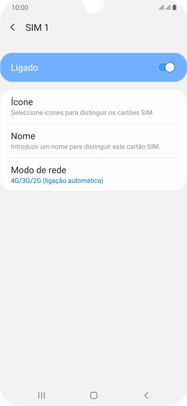 Prima o indicador para ativar ou desativar a utilização do cartão SIM.