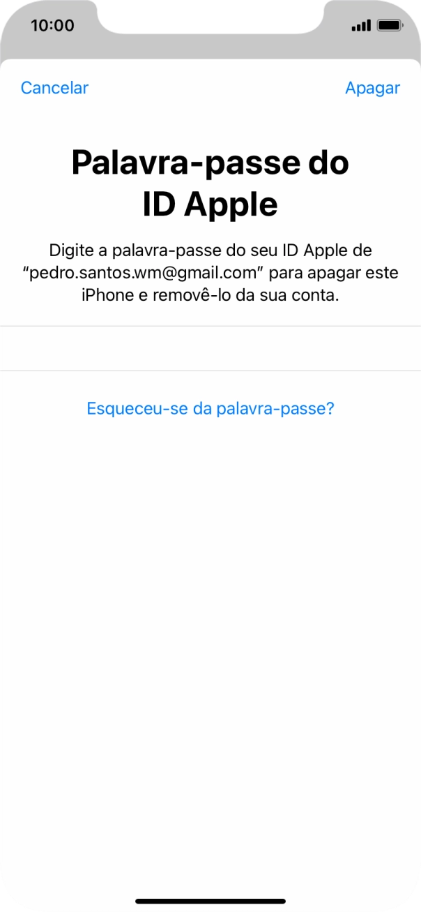 Introduza a password do ID Apple e prima Apagar. Aguarde um momento enquanto o telefone restabelece as definições originais. Siga as indicações no ecrã para configurar o telefone de modo que este fique pronto a ser utilizado.