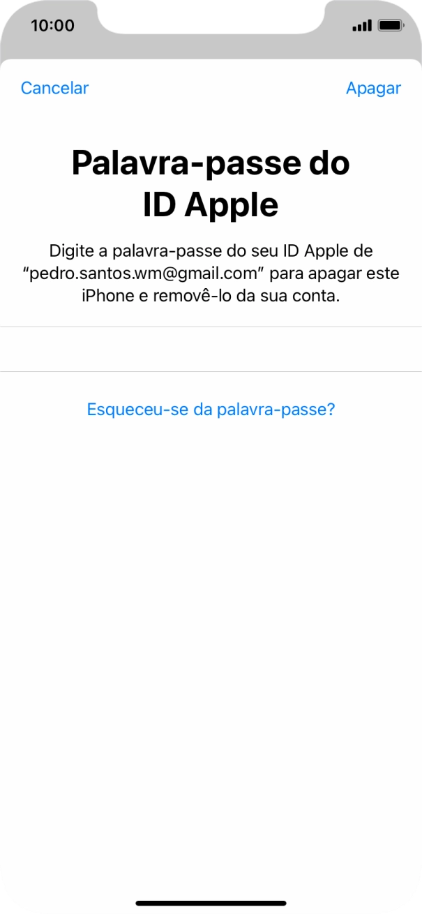Introduza a password do ID Apple e prima Apagar. Aguarde um momento enquanto o telefone restabelece as definições originais. Siga as indicações no ecrã para configurar o telefone de modo que este fique pronto a ser utilizado.