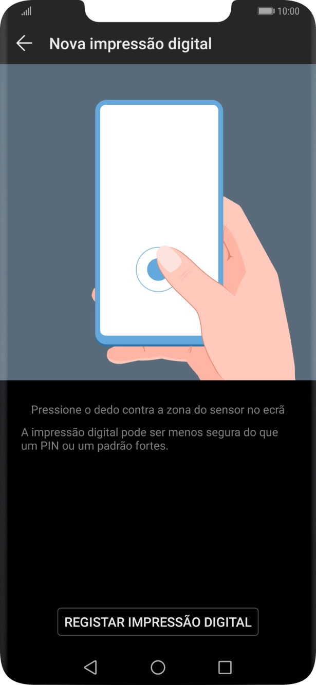 Prima REGISTAR IMPRESSÃO DIGITAL e siga as indicações no ecrã para definir a impressão digital como código de bloqueio.