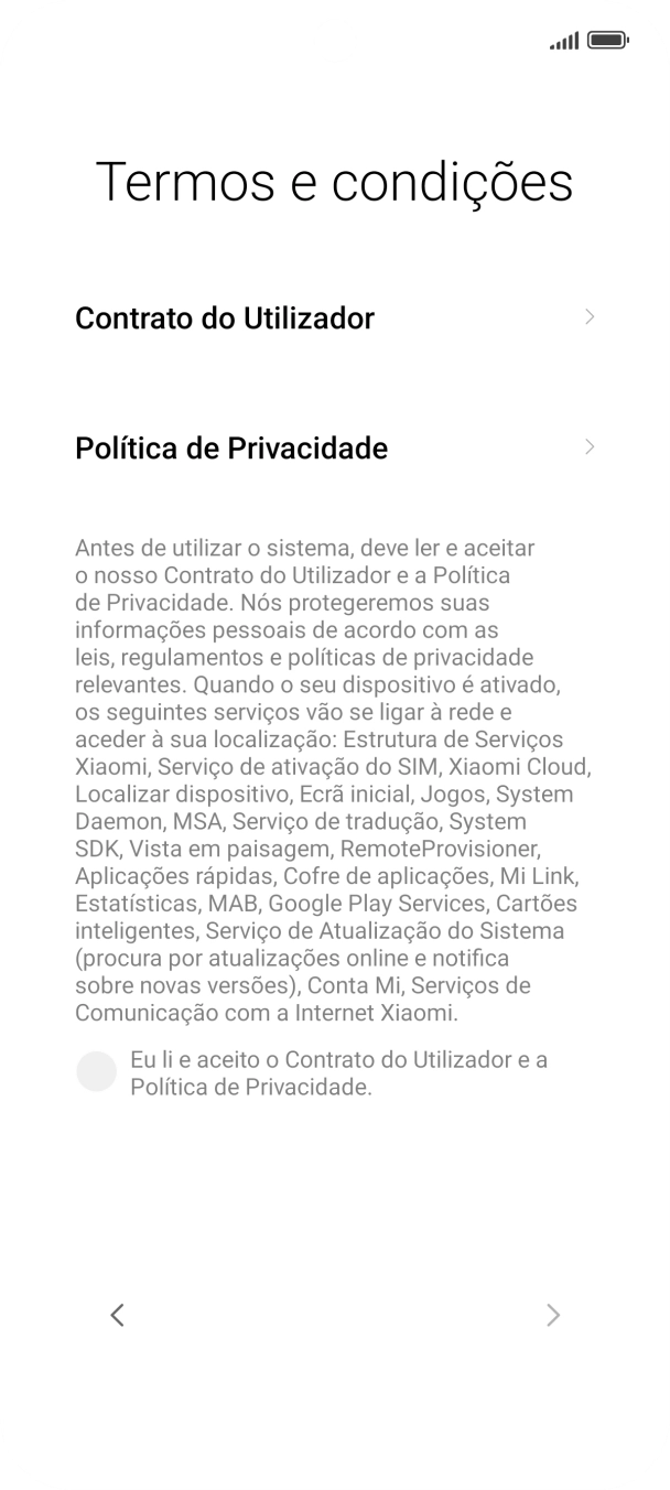 Prima o campo para aceitar os termos e condições.