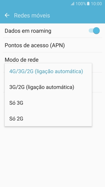 Prima o tipo de rede pretendido.