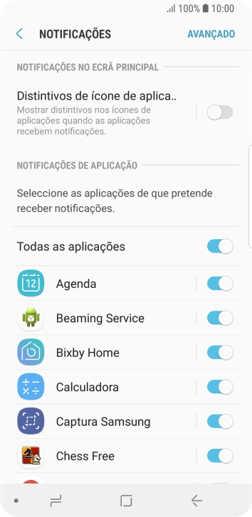 Prima o indicador junto à app pretendida para ativar ou desativar a função.