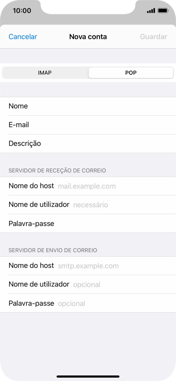 Prima Nome do host e introduza o nome do servidor de receção do fornecedor de e-mail.