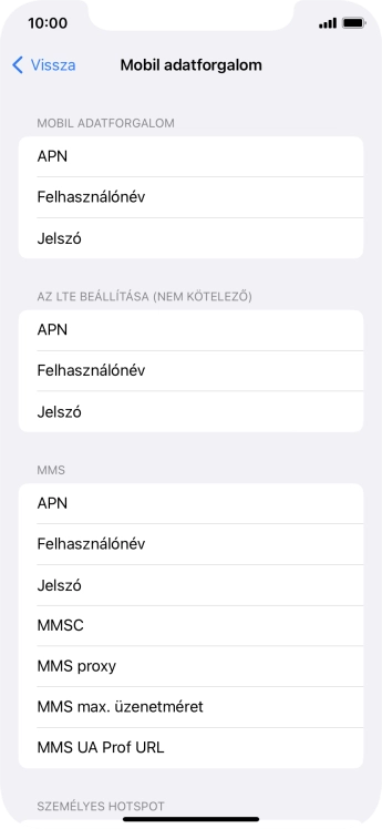 Válaszd az APN lehetőséget. Amennyiben előfizetésed van, írd be azt, hogy mms.vodafone.net.