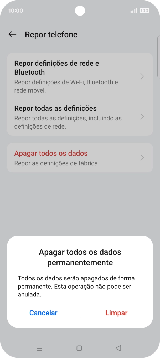 Prima Limpar. Aguarde um momento enquanto o telefone restabelece as definições originais. Siga as indicações no ecrã para configurar o telefone de modo que este fique pronto a ser utilizado.