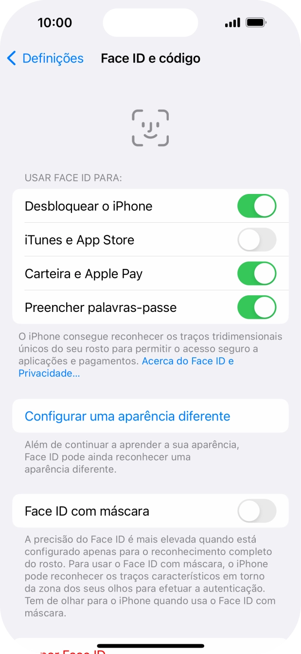 Prima os indicadores junto às definições pretendidas para as ativar ou desativar.