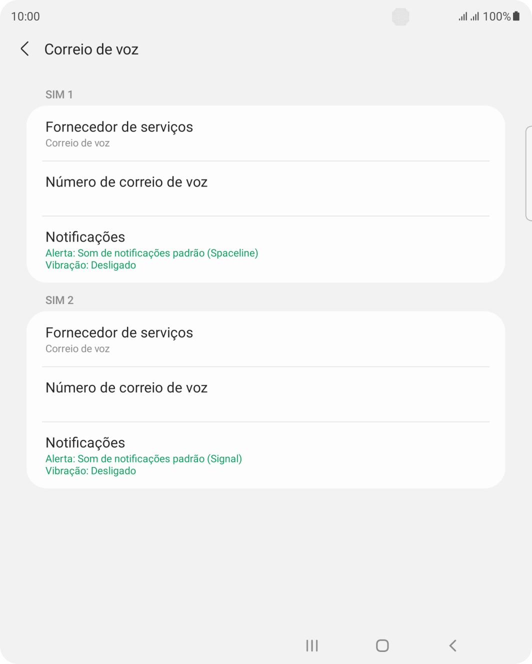 Prima Número de correio de voz sob o cartão SIM pretendido.