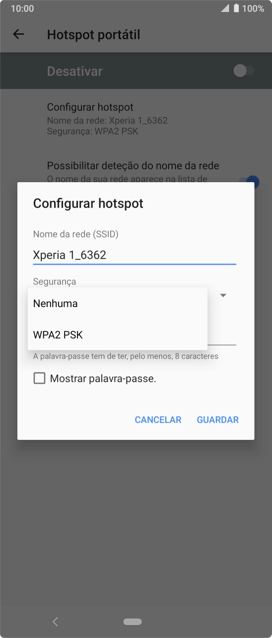 Prima WPA2 PSK para proteger o hotspot Wi-Fi com uma password.