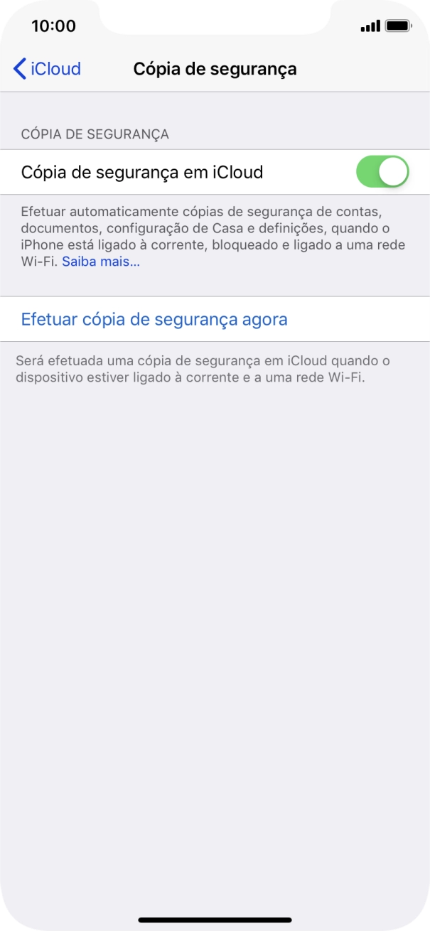 Prima Efetuar cópia de segurança agora e aguarde enquanto é efetuada a cópia de segurança do conteúdo da memória do telefone.