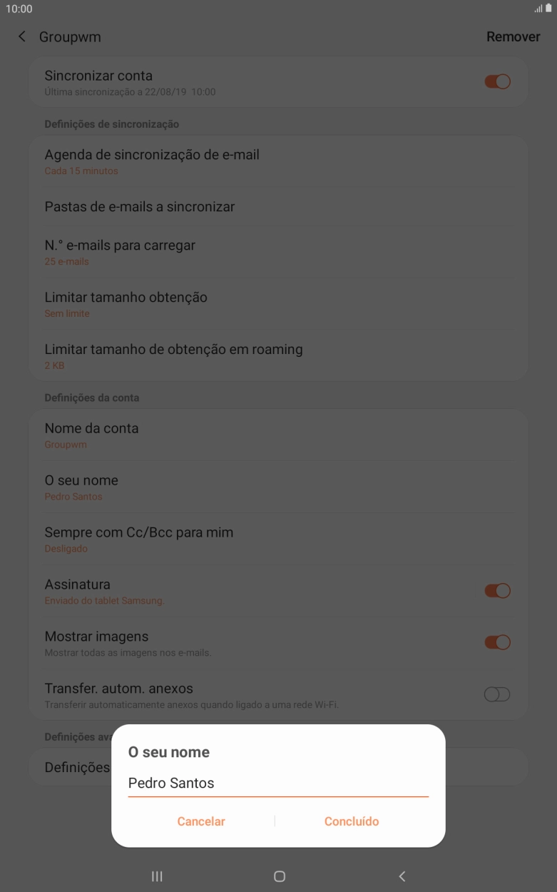 Introduza o nome de remetente e prima Concluído.