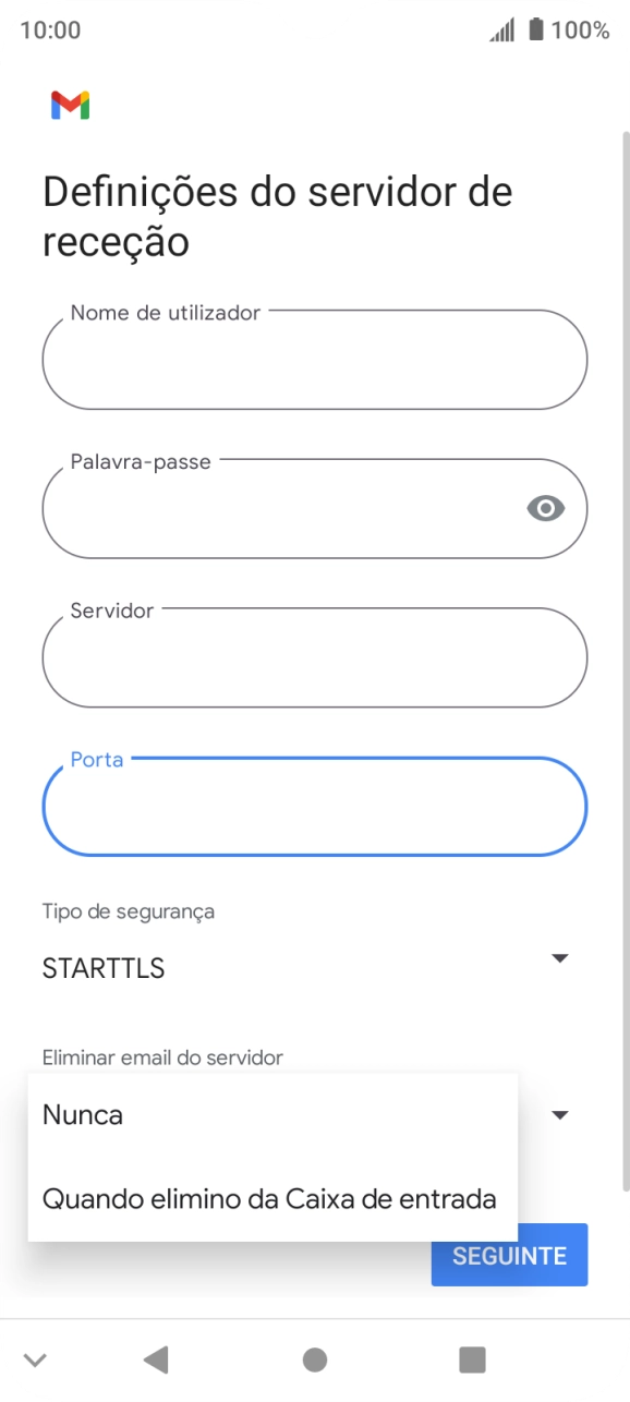 Prima Nunca para manter os e-mails no servidor quando estes são apagados no telefone.