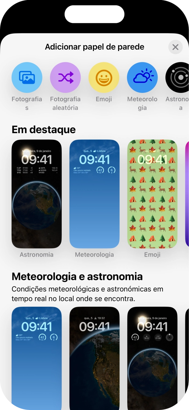 Prima a categoria pretendida e siga as indicações no ecrã para escolher a imagem de fundo pretendida.