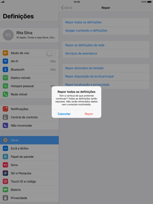 Prima Repor. Aguarde um momento enquanto o tablet restabelece as definições originais. 
Siga as indicações no ecrã para configurar o tablet de modo que este fique pronto a ser utilizado.
