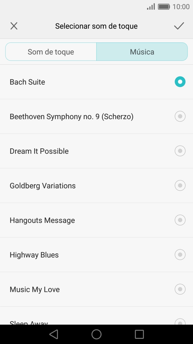 Quando tiver encontrado o tom de toque que pretende, prima o ícone para aceitar.