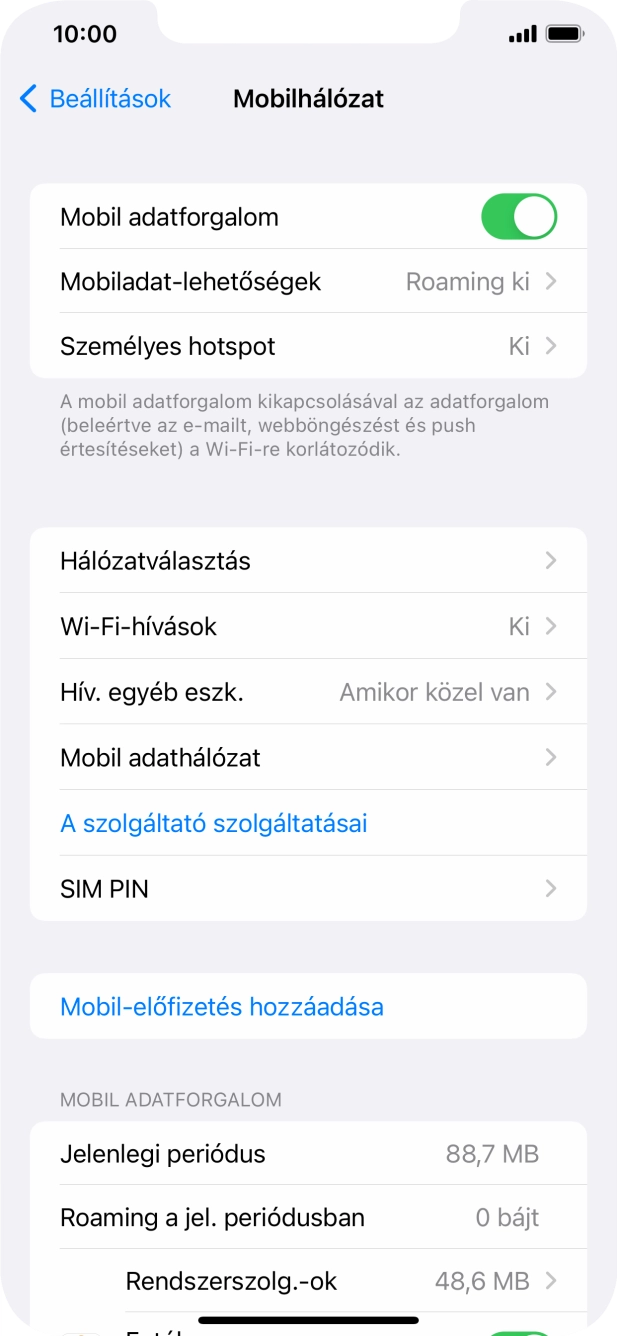 Kattints a „Mobil adatforgalom” melletti csúszkára a funkció be- vagy kikapcsolásához.