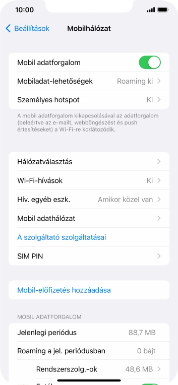 Kattints a „Mobil adatforgalom” melletti csúszkára a funkció be- vagy kikapcsolásához.