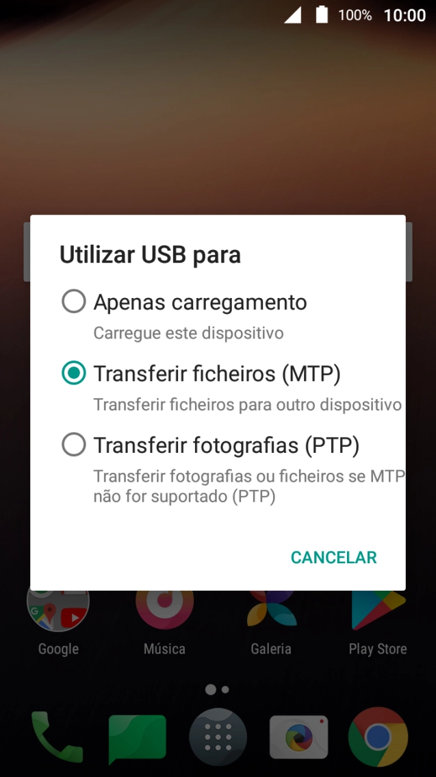 Prima Transferir ficheiros (MTP).
