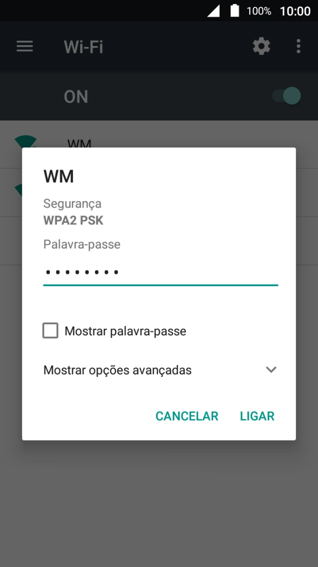 Introduza a password da rede Wi-Fi e prima LIGAR.